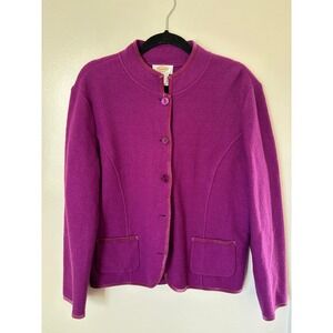 Talbots 100% Merino Boiled Wool Cardigan Sweater Purple Button Velvet Trim Sz L